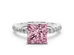 Fancy Pink Princess Cut Diamond Pavé Solitaire Engagement Ring Set in Silver with Prong Setting