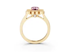 Fancy Pink Emerald Cut Diamond Cluster Halo Ring Set in Yellow gold with Milgrain Bezel Accents and Plain Band