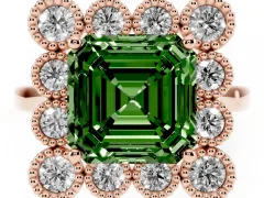 Fancy Green Asscher Cut Diamond Cluster Halo Ring Set in Rose gold with Milgrain Bezel Accents and Plain Band