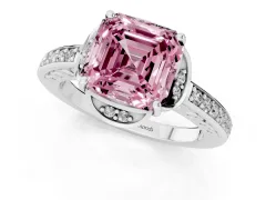 Fancy Pink Asscher Cut Diamond Halo Ring Set in White gold with Channel Set Band and Prong Setting