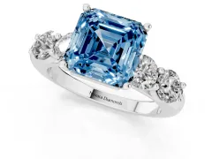 Fancy Blue Asscher Cut Diamond Five-Stone Prong Set Ring Set in Silver with Classic Band
