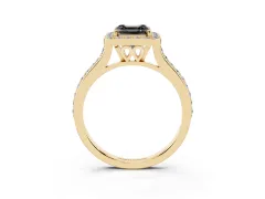 Fancy Black Asscher Cut Diamond Halo Engagement Ring Set in Yellow gold with Round Pavé Shoulders and Heart Gallery