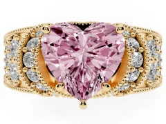 Fancy Pink Heart Cut Diamond Milgrain Halo Pavé Engagement Ring Set in Yellow gold with Prong Setting