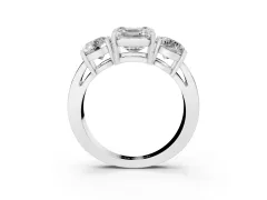 Asscher Cut Diamond Three-Stone Ring Set in Silver with Round Side Stones and Classic Band