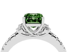 Fancy Green Emerald Cut Diamond Three-Stone Pavé Ring Set in White gold with Prong Setting