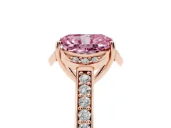 Fancy Pink Radiant Cut Diamond Halo Ring Set in Rose gold with Channel Set Band and Prong Setting