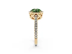 Fancy Green Round Cut Diamond Halo Ring Set in Yellow gold with Pavé Shoulders and Halo-Framed Center