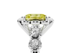 Fancy Yellow Emerald Cut Diamond Floral Halo Ring Set in Silver with Shared Prong Band