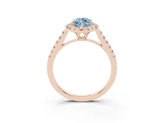 Fancy Blue Marquise Cut Diamond Pavé Halo Engagement Ring Set in Rose gold with Pavé Band and Prong Setting