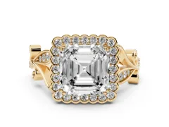 Asscher Cut Diamond Halo Ring Set in Yellow gold with Leaf Motif Split Shank and Prong Setting