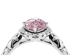Fancy Pink Marquise Cut Diamond Halo Ring Set in White gold with Filigree Leaf Band and Prong Setting