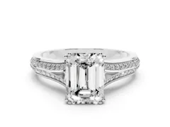 Emerald Cut Diamond Split Shank Pavé Engagement Ring Set in Platinum with Prong-Set Center Stone