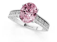 Fancy Pink Oval Cut Diamond Solitaire Ring Set in Platinum with Milgrain-Edged Pavé Band and Prong Setting