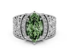 Fancy Green Marquise Cut Diamond Milgrain Halo Pavé Engagement Ring Set in White gold with Prong Setting