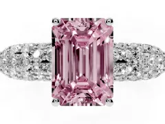 Fancy Pink Emerald Cut Diamond Pavé Band Solitaire Ring Set in White gold with Close-Set Accent Stones and Prong Setting