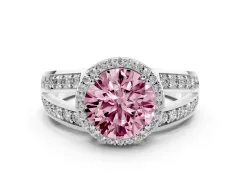 Fancy Pink Round Cut Diamond Halo Ring Set in Silver with Double Pavé Split Shank