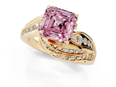 Fancy Pink Asscher Cut Diamond Solitaire Ring Set in Yellow gold with Layered Twist Pavé Band