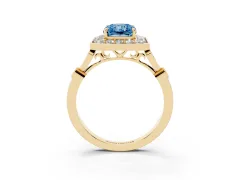 Fancy Blue Radiant Cut Diamond Halo Engagement Ring Set in Yellow gold with Twisted Band and Prong Setting
