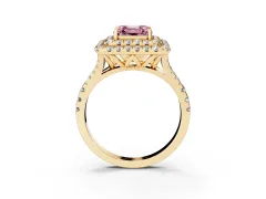 Fancy Pink Asscher Cut Diamond Double Halo Ring Set in Yellow gold with Pavé Split Shank and Prong Setting