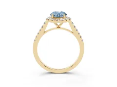 Fancy Blue Oval Cut Diamond Halo Pavé Engagement Ring Set in Yellow gold with Prong Setting