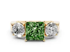 Fancy Green Princess Cut Diamond Three-Stone Ring Set in Yellow gold with Round Side Stones and Classic Band