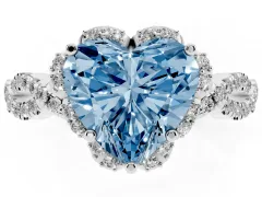 Fancy Blue Heart Cut Diamond Halo Twist Band Solitaire Ring Set in Silver with Prong-Set Center Stone