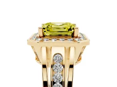 Fancy Yellow Asscher Cut Diamond Halo Ring Set in Yellow gold with Pavé and Bezel Accent Split Shank