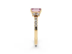 Fancy Pink Emerald Cut Diamond Three-Stone Pavé Ring Set in Yellow gold with Prong Setting