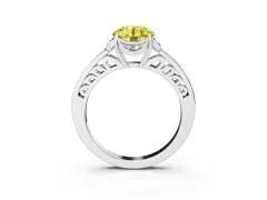 Fancy Yellow Round Cut Diamond Halo Ring Set in White gold with Channel Set Band and Prong Setting