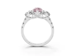Fancy Pink Marquise Cut Diamond Three-Stone Ring Set in Platinum with Pavé Band