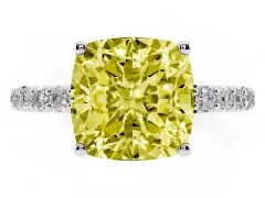 Fancy Yellow Cushion Cut Diamond Solitaire Engagement Ring Set in White gold with Round Pavé Band and Prong Setting