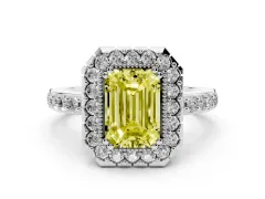 Fancy Yellow Emerald Cut Diamond Halo Ring Set in Platinum with Pavé Shank and Prong Setting