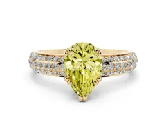 Fancy Yellow Pear Cut Diamond Solitaire Ring Set in Yellow gold with Multi-Row Round Pavé Band and Prong Setting