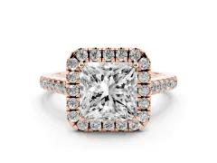 Princess Cut Diamond Halo Pavé Engagement Ring Set in Rose gold with Prong Setting