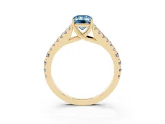 Fancy Blue Emerald Cut Diamond Split Shank Pavé Engagement Ring Set in Yellow gold with Prong-Held Center Stone