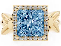 Fancy Blue Princess Cut Diamond Halo Floral Band Ring Set in Yellow gold with Prong Setting