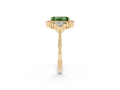Fancy Green Emerald Cut Diamond Cluster Ring Set in Yellow gold with Beaded Band
