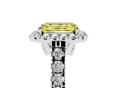 Fancy Yellow Emerald Cut Diamond Halo Engagement Ring Set in Platinum with Pavé Band and Prong-Set Center