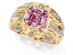 Fancy Pink Asscher Cut Diamond Art Deco Ring Set in Yellow gold with Pavé Split Shank