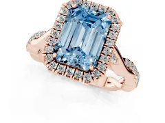 Fancy Blue Emerald Cut Diamond Halo Twist Band Solitaire Ring Set in Rose gold with Prong Setting