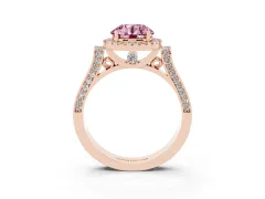 Fancy Pink Round Cut Diamond Halo Ring Set in Rose gold with Pavé-Lined Split Shank Band