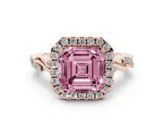 Fancy Pink Asscher Cut Diamond Halo Twist Band Solitaire Ring Set in Rose gold with Prong Setting
