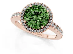 Fancy Green Round Cut Diamond Halo Ring Set in Rose gold with Pavé Shoulders and Halo-Framed Center