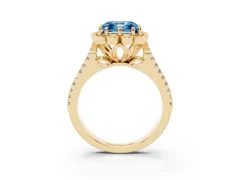 Fancy Blue Asscher Cut Diamond Floral Halo Split Shank Engagement Ring Set in Yellow gold with Pavé Shank