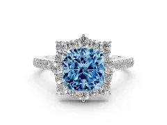 Fancy Blue Cushion Cut Diamond Halo Ring Set in White gold with Pavé Band and Prong Setting