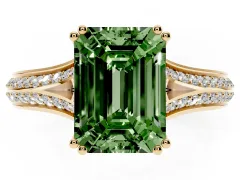 Fancy Green Emerald Cut Diamond Split Shank Pavé Engagement Ring Set in Yellow gold with Prong-Set Center Stone