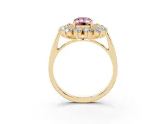 Fancy Pink Emerald Cut Diamond Floral Double Halo Ring Set in Yellow gold with Round Petals