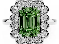 Fancy Green Emerald Cut Diamond Halo Cluster Engagement Ring Set in White gold with Solitaire Band and Prong Setting