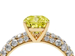 Fancy Yellow Cushion Cut Diamond Pavé Band Solitaire Ring Set in Yellow gold with Close-Set Accent Stones and Prong Setting
