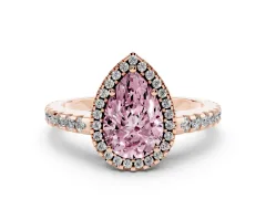 Fancy Pink Pear Cut Diamond Halo Ring Set in Rose gold with Pavé Shoulders and Halo-Framed Center